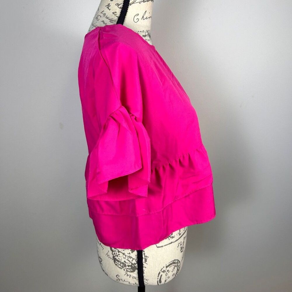 Shein Womens Hot Pink Ruffle Blouse Medium Short Sleeve Tiered Peplum Crop Top - Picture 5 of 8